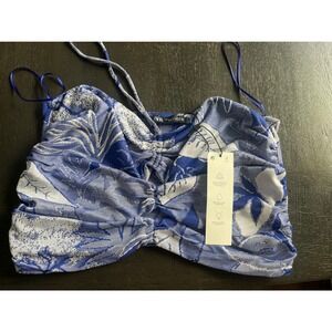 Zara Blue White Tropical Jacquard Ruched Crop Top NWT Large